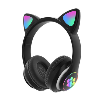 STN-28 Over Ear Music Headset Glowing Cat Ear Headphones Foldable Wireless BT5.0 Earphone with Mic LED Lights for PC Phone