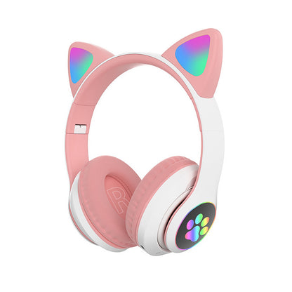 STN-28 Over Ear Music Headset Glowing Cat Ear Headphones Foldable Wireless BT5.0 Earphone with Mic LED Lights for PC Phone