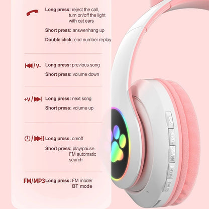 STN-28 Over Ear Music Headset Glowing Cat Ear Headphones Foldable Wireless BT5.0 Earphone with Mic LED Lights for PC Phone